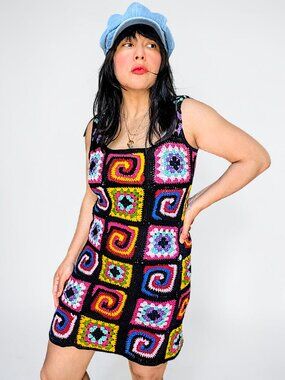 Artisan handmade Tejido Maya colorful granny squares crochet boho mini dress OS